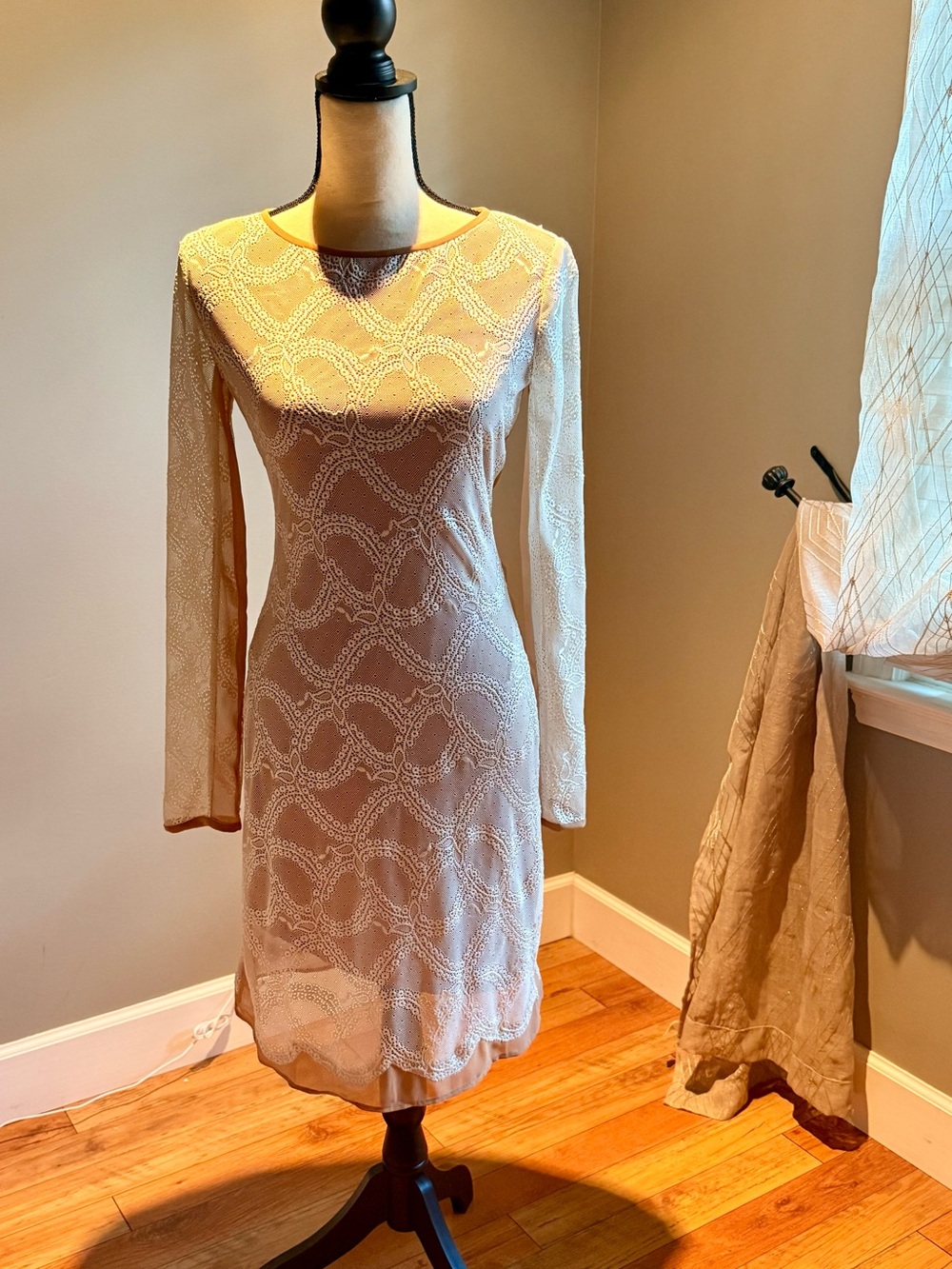 Long Sleeve Cream Lace Overlay Sheath Dress